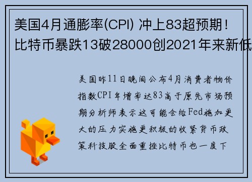 美国4月通膨率(CPI) 冲上83超预期！比特币暴跌13破28000创2021年来新低