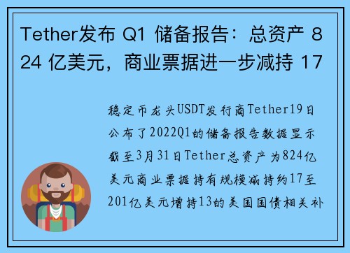 Tether发布 Q1 储备报告：总资产 824 亿美元，商业票据进一步减持 17