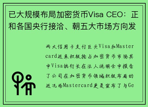 已大规模布局加密货币Visa CEO：正和各国央行接洽、朝五大市场方向发展中